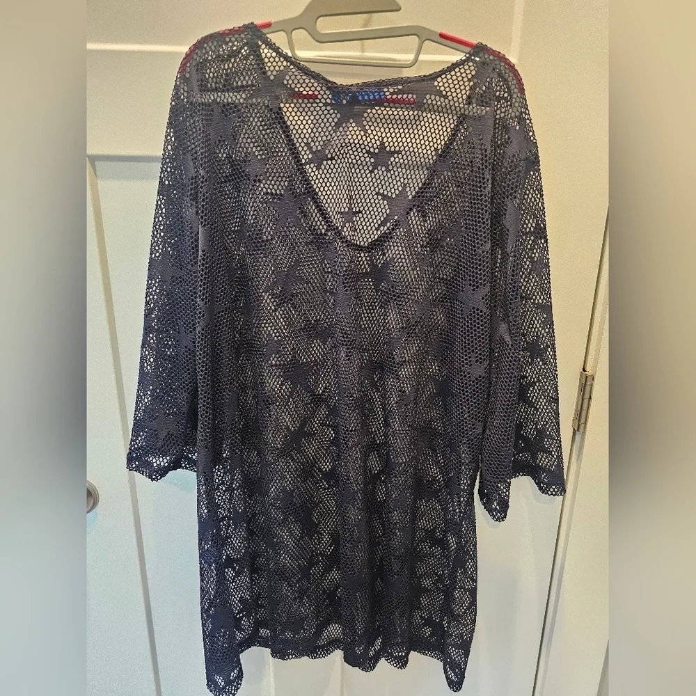 NWT! APT. 9 Swim Coverup, Navy Blue Stars, Sheer Mesh, Short Sleeve 2x - Picture 5 of 11
